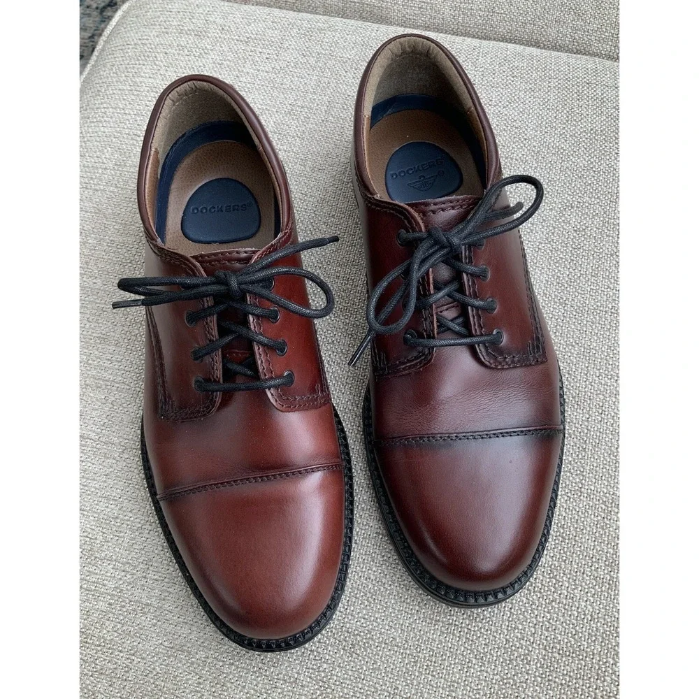 New Mens Dockers Shoes Brown Leather Oxford Cap-Toe Lace Up Sz 9M